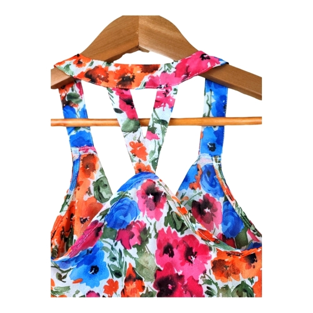 POETRY Flowy Spring Floral Print Hi-Lo Racerback Front Ruffle Top - Picture 7 of 11